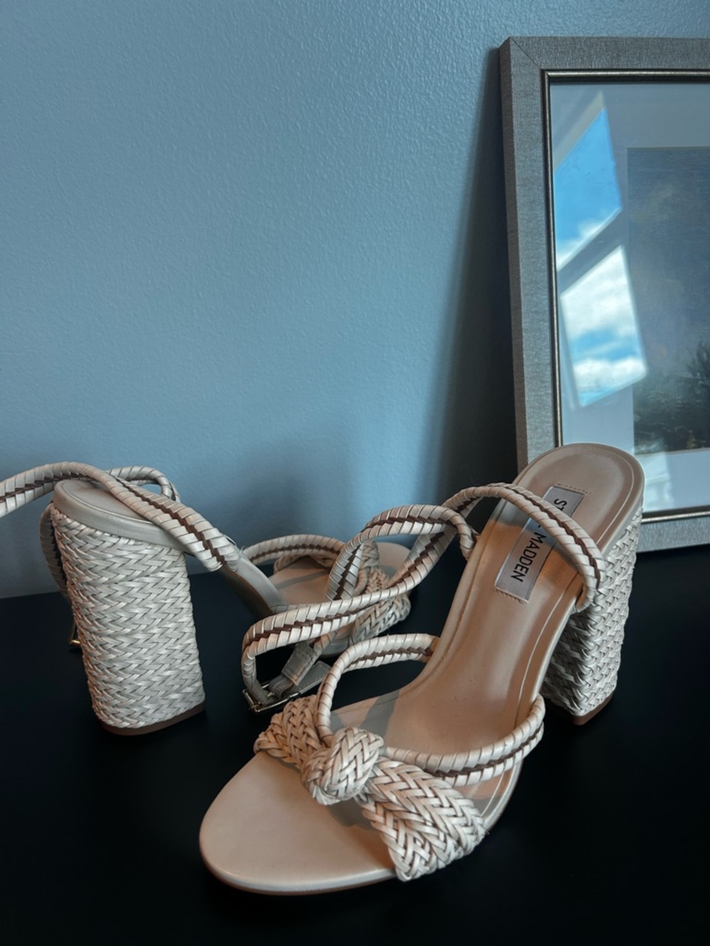 Steve Madden Cream Braided Block Heel Sandals